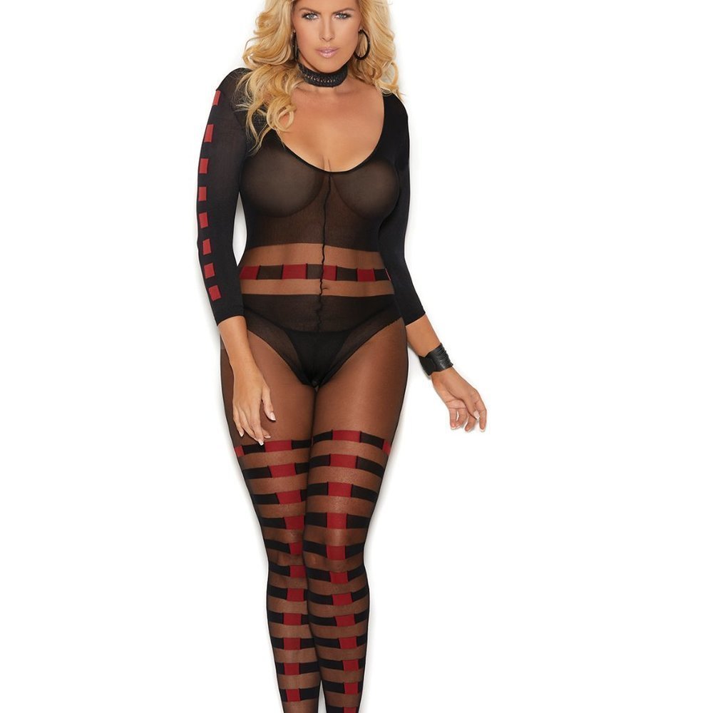 Sizes One Size or Queen Size - Black and Red Long Sleeve Bodystocking